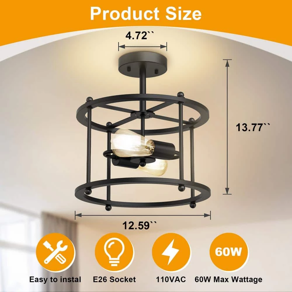 12.5 in. 2-Light Black Drum Semi-Flush Mount by YANSUN 5 12.5 in. 2-Light Black Drum Semi-Flush Mount by YANSUN - Image 3