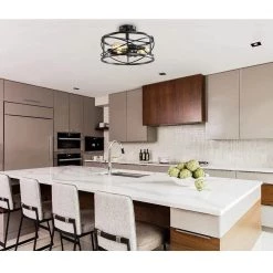 3-Light Black Semi-Flush Mount with Drum Caged Shade by YANSUN -YANSUN Shop black yansun flush mount lights h cl006n1 44 1000