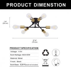 16.54 in. 6-Light Black Unique Modern Sputnik Semi-Flush Mount with Aged Brass Socket Cups by YANSUN -YANSUN Shop black yansun flush mount lights h cl018b 1f 1000