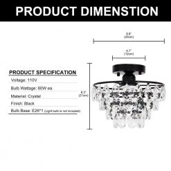 9.84 in. 1-Light Black Semi-Flush Mount with Crystal Shade by YANSUN -YANSUN Shop black yansun flush mount lights h cl021b 1f 1000