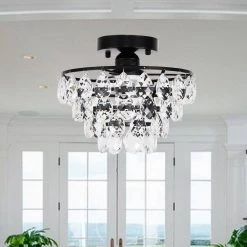 9.84 in. 1-Light Black Semi-Flush Mount with Crystal Shade by YANSUN -YANSUN Shop black yansun flush mount lights h cl021b 44 1000