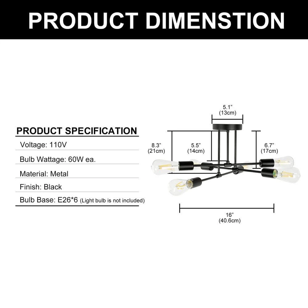 6-Light Black Sputnik Modern Linear Semi Flush Mount by YANSUN 5 6-Light Black Sputnik Modern Linear Semi Flush Mount by YANSUN - Image 3