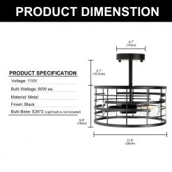 11.81 in. 2-Light Rustic Farmhouse Black Drum Semi Flush Mount by YANSUN -YANSUN Shop black yansun flush mount lights h cl024 4f 1000