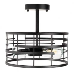 11.81 in. 2-Light Rustic Farmhouse Black Drum Semi Flush Mount by YANSUN
