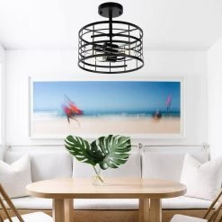 11.81 in. 2-Light Rustic Farmhouse Black Drum Semi Flush Mount by YANSUN -YANSUN Shop black yansun flush mount lights h cl024 fa 1000