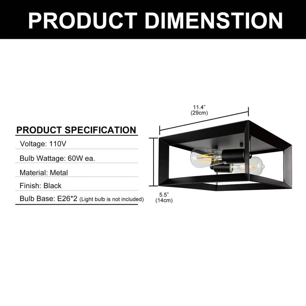 2-Light Black Farmhouse Caged Square Flush Mount Industrial Vintage Ceiling Lighting by YANSUN 6 2-Light Black Farmhouse Caged Square Flush Mount Industrial Vintage Ceiling Lighting by YANSUN - Image 4