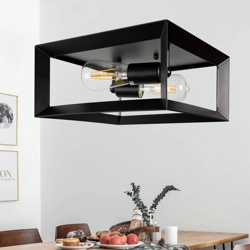 2-Light Black Farmhouse Caged Square Flush Mount Industrial Vintage Ceiling Lighting by YANSUN 4 2-Light Black Farmhouse Caged Square Flush Mount Industrial Vintage Ceiling Lighting by YANSUN - Image 2