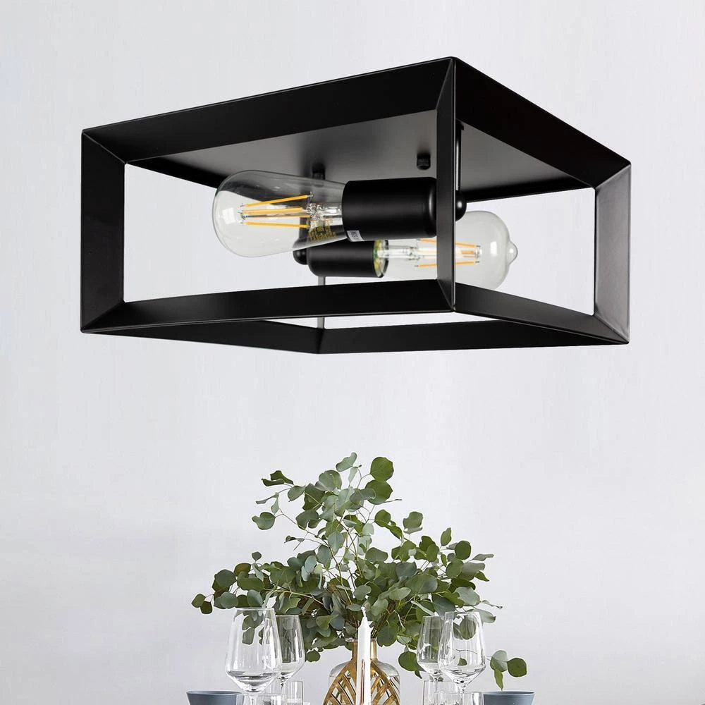 2-Light Black Farmhouse Caged Square Flush Mount Industrial Vintage Ceiling Lighting by YANSUN 10 2-Light Black Farmhouse Caged Square Flush Mount Industrial Vintage Ceiling Lighting by YANSUN - Image 8