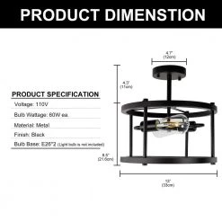 13 in. 2-Light Black Mount Light Farmhouse Semi-Flush, Modern Rustic Metal Drum Ceiling Lighting by YANSUN -YANSUN Shop black yansun flush mount lights h cl027 c3 1000