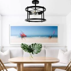 13 in. 2-Light Black Mount Light Farmhouse Semi-Flush, Modern Rustic Metal Drum Ceiling Lighting by YANSUN -YANSUN Shop black yansun flush mount lights h cl027 fa 1000