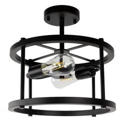 13 in. 2-Light Black Mount Light Farmhouse Semi-Flush Mount, Modern Rustic Metal Drum Ceiling Lighting by YANSUN