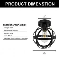 7.87 in. 1-Light Black Caged Globe Semi-Flush Mount, Industrial Style by YANSUN -YANSUN Shop black yansun flush mount lights h cl028 c3 1000