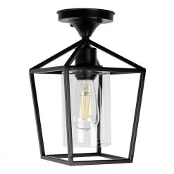 7 in. 1-Light Black Farmhouse Retro Cage Semi Flush Mount with Glass Shade by YANSUN