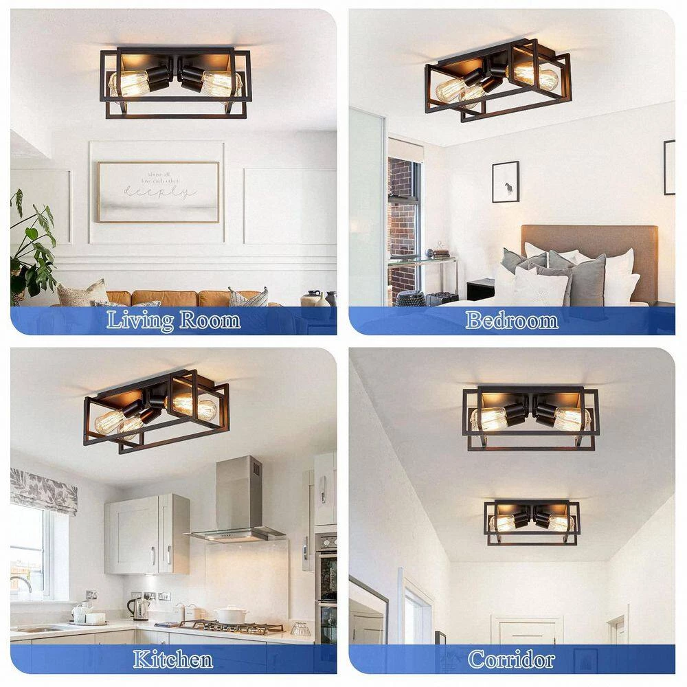 4-Light Black Flush Mount Farmhouse Caged Square Industrial Vintage Ceiling Lighting by YANSUN 8 4-Light Black Flush Mount Farmhouse Caged Square Industrial Vintage Ceiling Lighting by YANSUN - Image 6