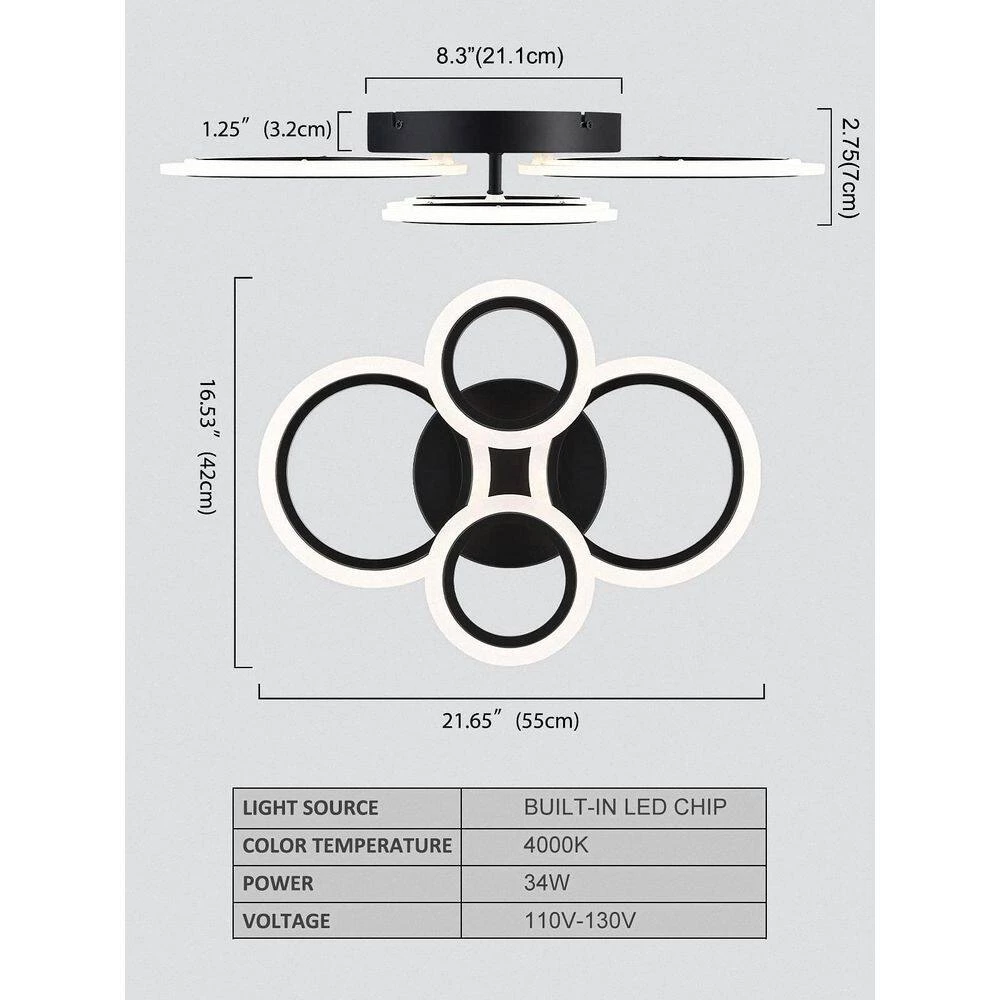 21.65 in. 4 Rings Integrated LED Black Modern LED Flush Mount Ceiling Light by YANSUN 5 21.65 in. 4 Rings Integrated LED Black Modern LED Flush Mount Ceiling Light by YANSUN - Image 3