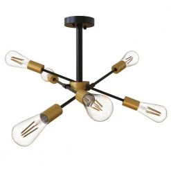 25 in. 6-Light Black Sputnik Modern Linear Semi-Flush Mount with Aged Brass Socket Cups by YANSUN