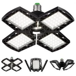 80-Watt Black Deformable LED Adjustable Garage Light Semi-Flush Mount Lighting, 4-Leaf 6000K Daylight White by YANSUN