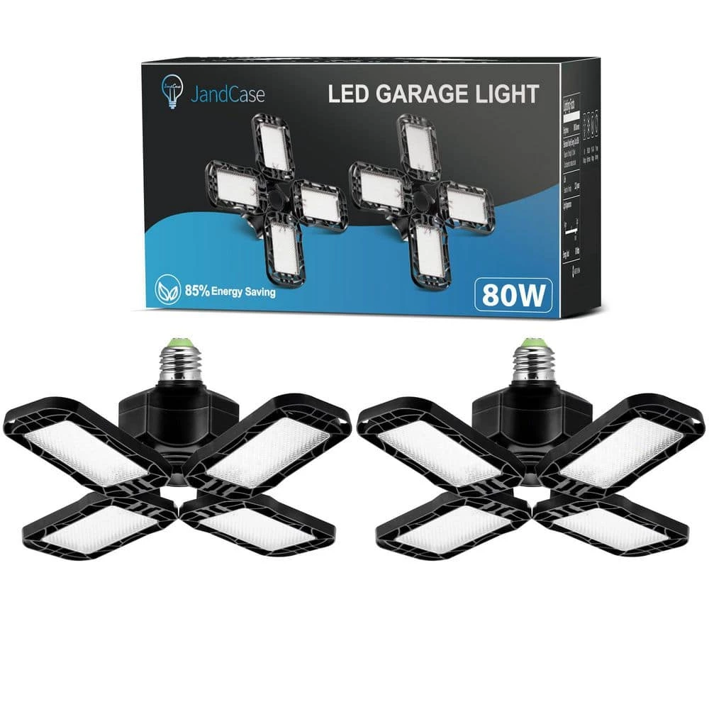 80-Watt Black Deformable LED Adjustable Garage Light Semi-Flush Mount Lighting, 4-Leaf 6000K Daylight White (2-Pack) by YANSUN 3 80-Watt Black Deformable LED Adjustable Garage Light Semi-Flush Mount Lighting, 4-Leaf 6000K Daylight White (2-Pack) by YANSUN