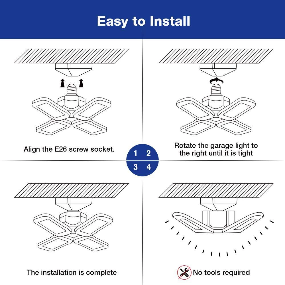 80-Watt Black Deformable LED Adjustable Garage Light Semi-Flush Mount Lighting, 4-Leaf 6000K Daylight White (4-Pack) by YANSUN 7 80-Watt Black Deformable LED Adjustable Garage Light Semi-Flush Mount Lighting, 4-Leaf 6000K Daylight White (4-Pack) by YANSUN - Image 5