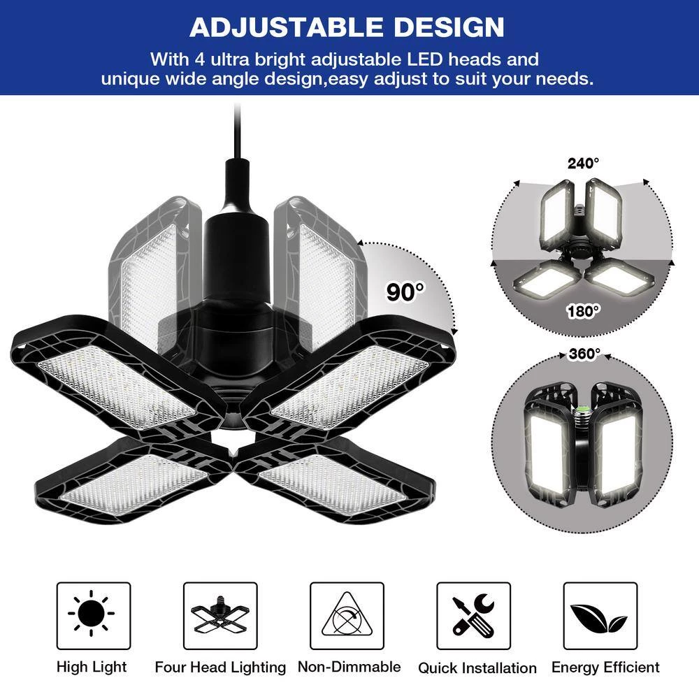 80-Watt Black Deformable LED Adjustable Garage Light Semi-Flush Mount Lighting, 4-Leaf 6000K Daylight White (4-Pack) by YANSUN 8 80-Watt Black Deformable LED Adjustable Garage Light Semi-Flush Mount Lighting, 4-Leaf 6000K Daylight White (4-Pack) by YANSUN - Image 6