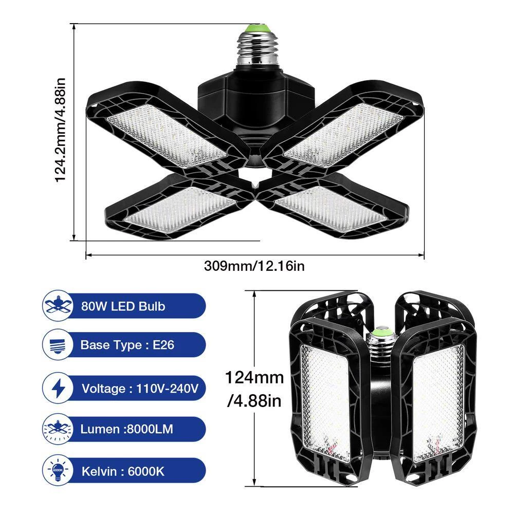 80-Watt Black Deformable LED Adjustable Garage Light Semi-Flush Mount Lighting, 4-Leaf 6000K Daylight White (4-Pack) by YANSUN 5 80-Watt Black Deformable LED Adjustable Garage Light Semi-Flush Mount Lighting, 4-Leaf 6000K Daylight White (4-Pack) by YANSUN - Image 3