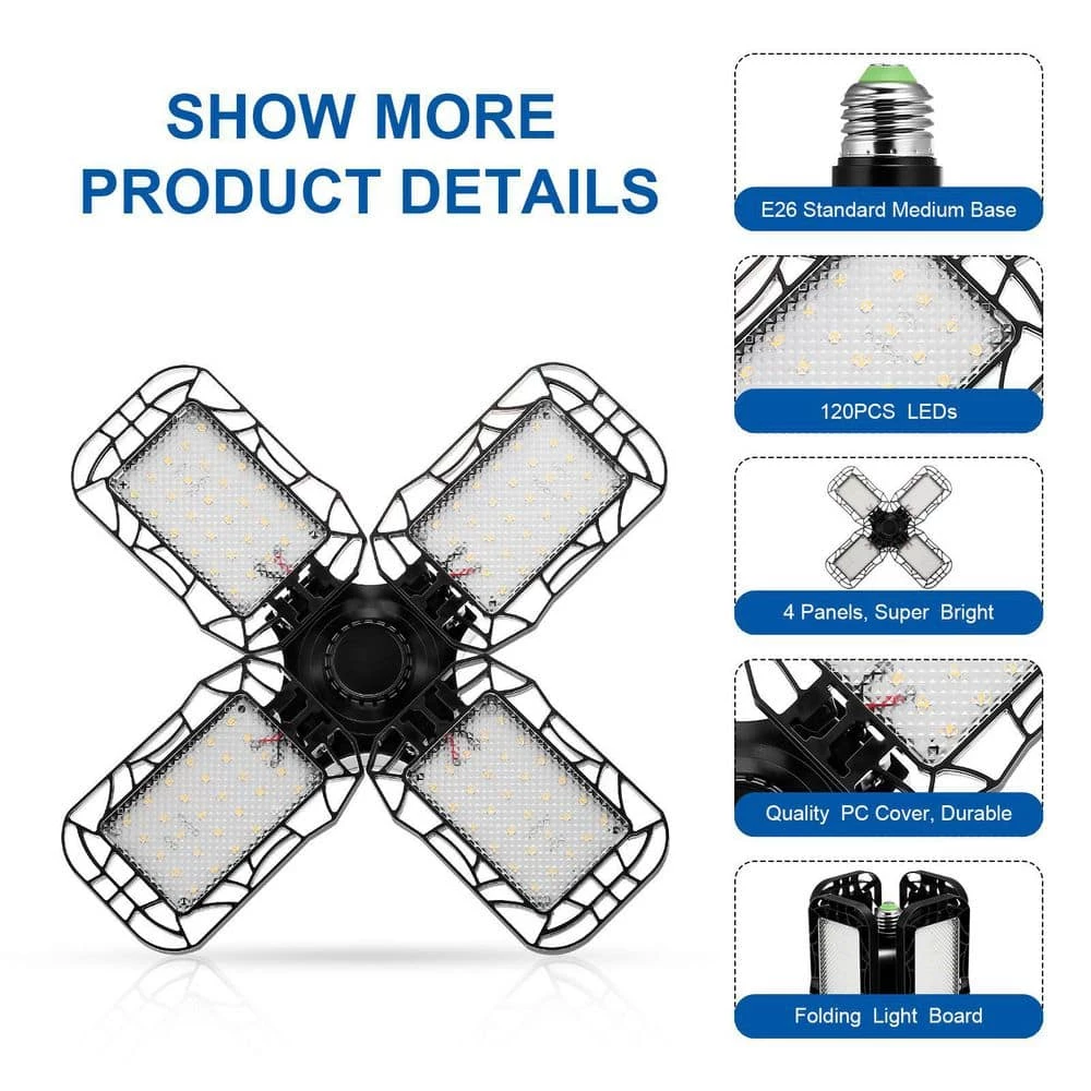 80-Watt Black Deformable LED Adjustable Garage Light Semi-Flush Mount Lighting, 4-Leaf 6000K Daylight White (2-Pack) by YANSUN 5 80-Watt Black Deformable LED Adjustable Garage Light Semi-Flush Mount Lighting, 4-Leaf 6000K Daylight White (2-Pack) by YANSUN - Image 3