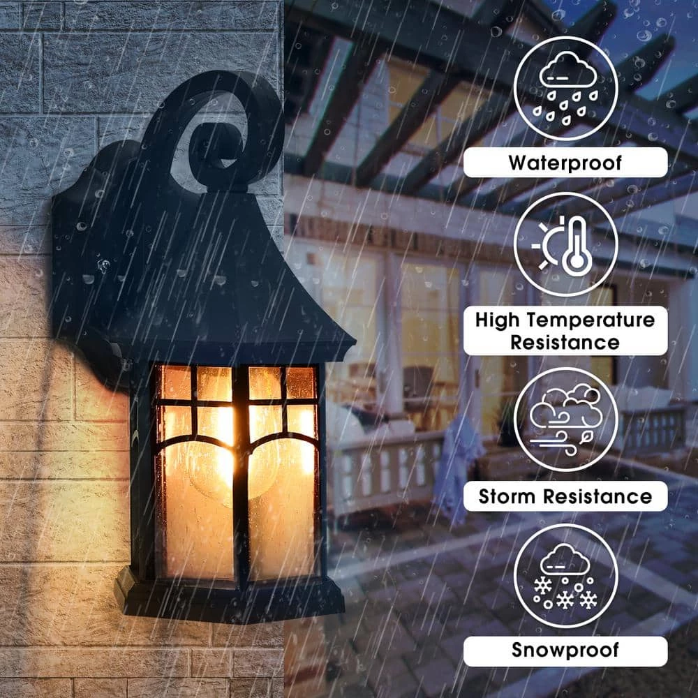 1-Light Black Outdoor Wall Lantern Sconce with Seeded Glass by YANSUN 4 1-Light Black Outdoor Wall Lantern Sconce with Seeded Glass by YANSUN - Image 2