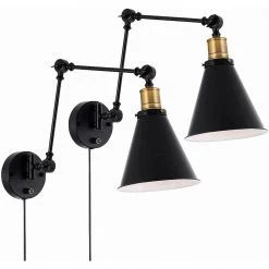 1-Light Black Plug-In or Hardwire Industrial Adjustable Swing Arm Wall Lamp (Set of 2) by YANSUN