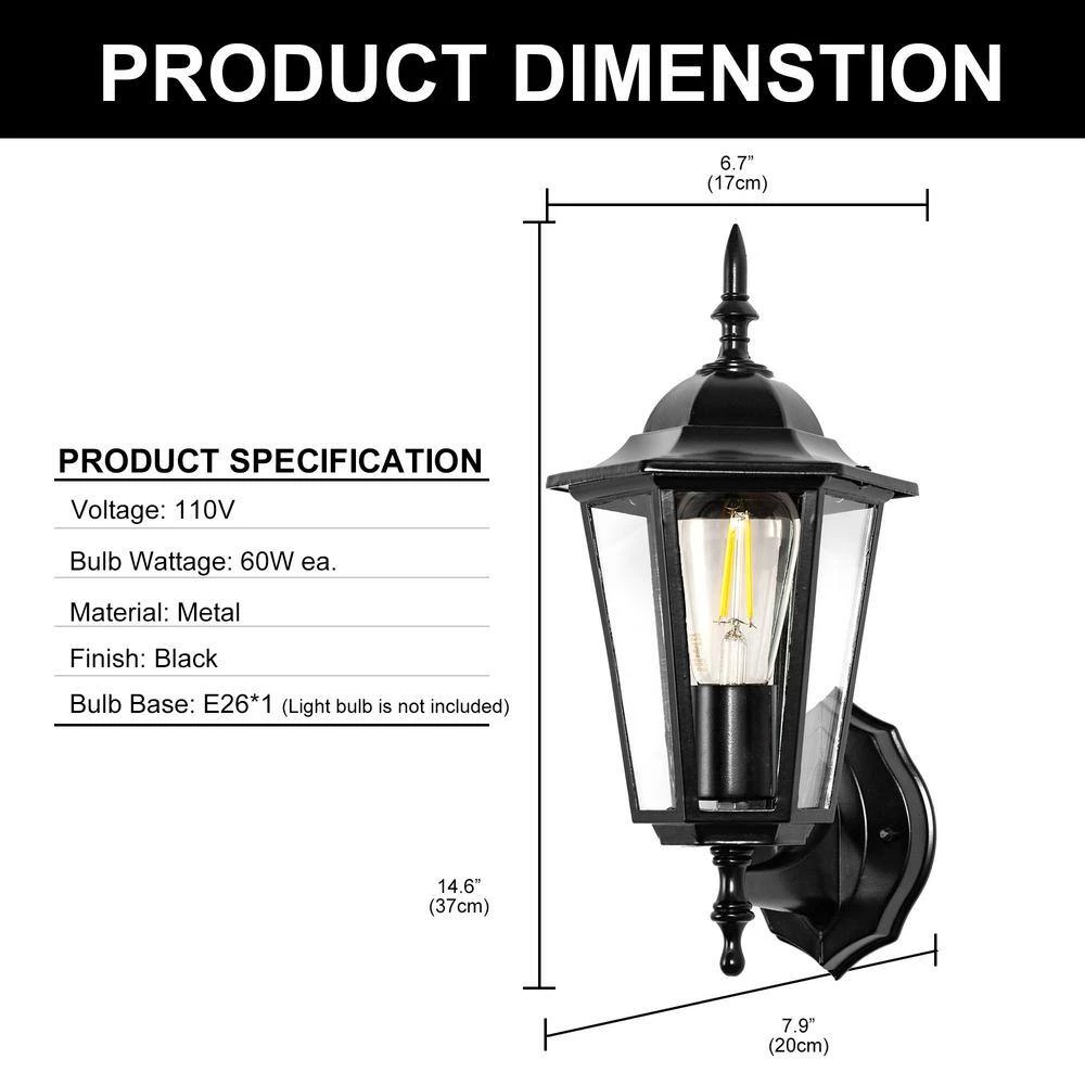 7 in. 1-Light 60-Watt Black Waterproof Outdoor Wall Pack Light Lantern with Glass Shade by YANSUN 6 7 in. 1-Light 60-Watt Black Waterproof Outdoor Wall Pack Light Lantern with Glass Shade by YANSUN - Image 4