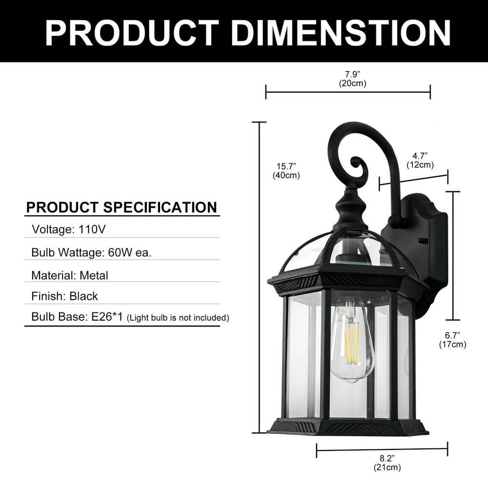 8 in. 1-Light 60-Watt Black Waterproof Outdoor Wall Pack Light with Clear Glass Shade by YANSUN 5 8 in. 1-Light 60-Watt Black Waterproof Outdoor Wall Pack Light with Clear Glass Shade by YANSUN - Image 3
