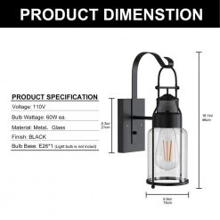 19.3 in. 1-Light Black Glass Wall Lamp with Cylindrical Shape by YANSUN 11 19.3 in. 1-Light Black Glass Wall Lamp with Cylindrical Shape by YANSUN -YANSUN Shop black yansun wall sconces h wl020n1 c3 1000