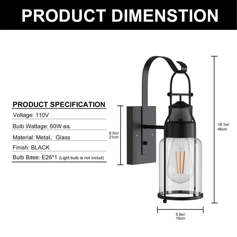 19.3 in. 1-Light Black Glass Wall Lamp with Cylindrical Shape by YANSUN 5 19.3 in. 1-Light Black Glass Wall Lamp with Cylindrical Shape by YANSUN - Image 3