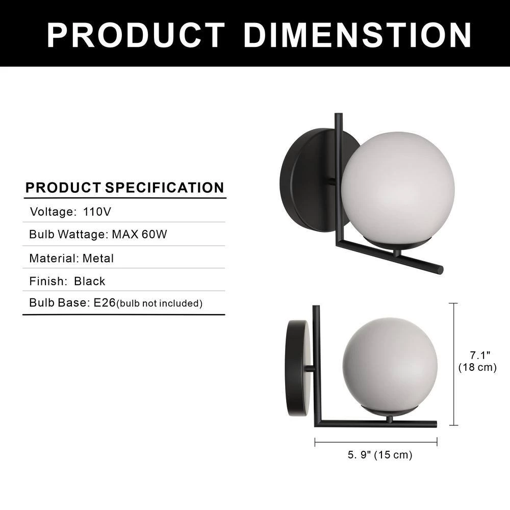 7.87 in.1-Light Black Modern Bathroom Vanity Wall Light with White Shade by YANSUN 5 7.87 in.1-Light Black Modern Bathroom Vanity Wall Light with White Shade by YANSUN - Image 3