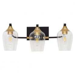 28.35 in. 3-Light Black Industrial Metal Bathroom Wall Sconce with Aged Brass Socket Cups and Clear Glass Shade(2-Pack) by YANSUN