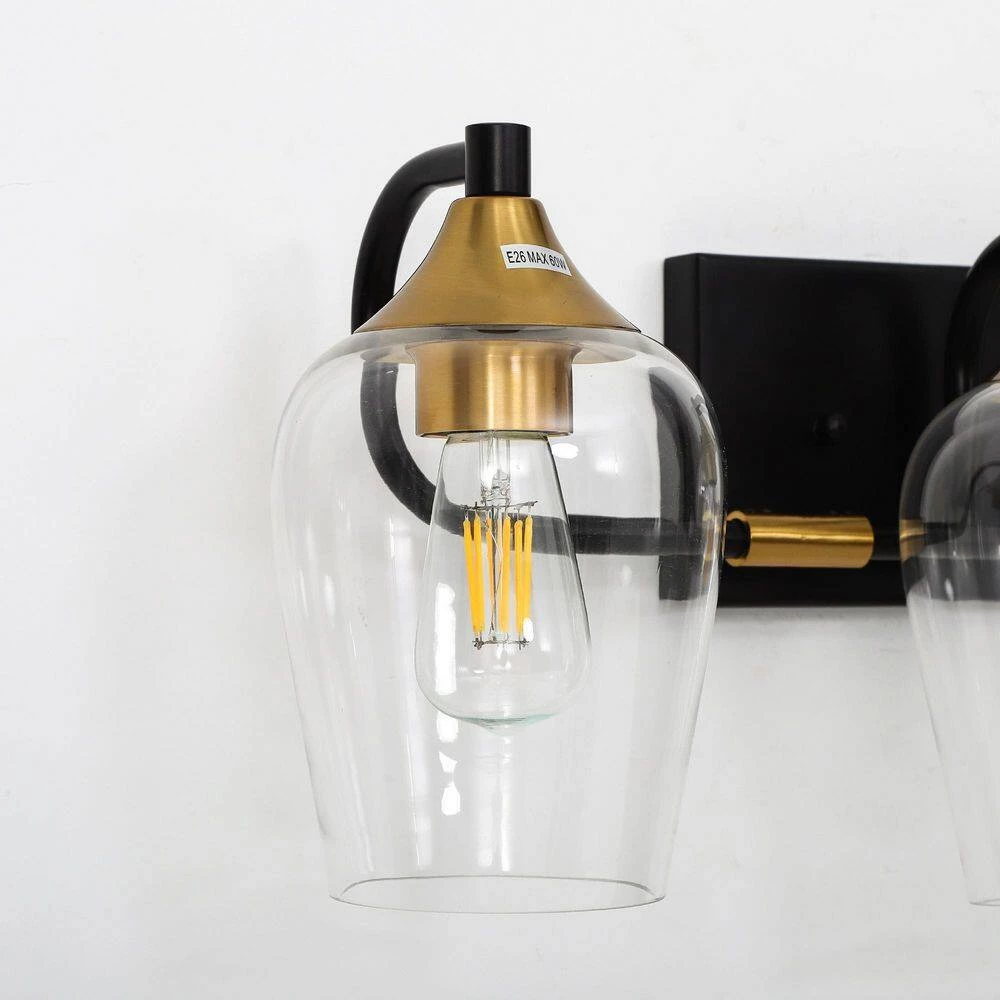 28.35 in. 3-Light Black Industrial Metal Bathroom Wall Sconce with Aged Brass Socket Cups and Clear Glass Shade(2-Pack) by YANSUN 7 28.35 in. 3-Light Black Industrial Metal Bathroom Wall Sconce with Aged Brass Socket Cups and Clear Glass Shade(2-Pack) by YANSUN - Image 5