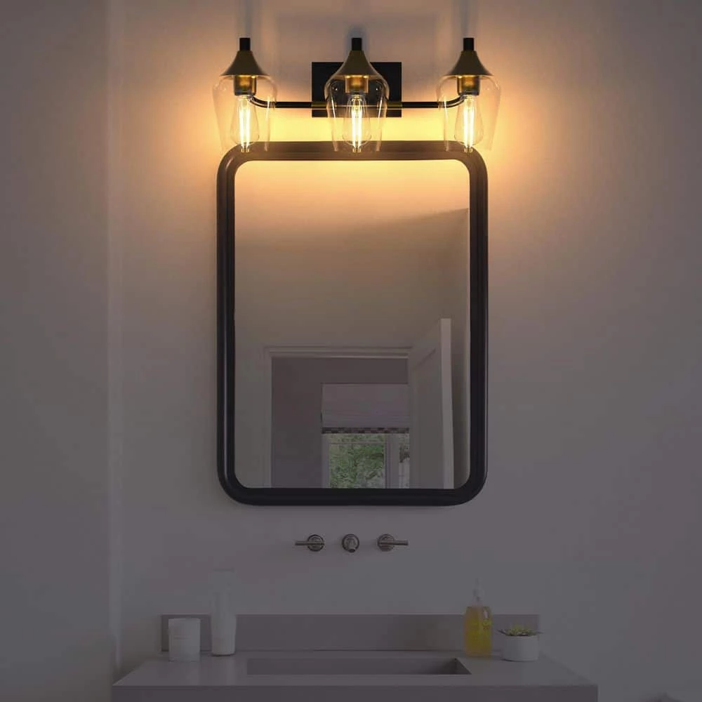 28.35 in. 3-Light Black Industrial Metal Bathroom Wall Sconce with Aged Brass Socket Cups and Clear Glass Shade(2-Pack) by YANSUN 8 28.35 in. 3-Light Black Industrial Metal Bathroom Wall Sconce with Aged Brass Socket Cups and Clear Glass Shade(2-Pack) by YANSUN - Image 6