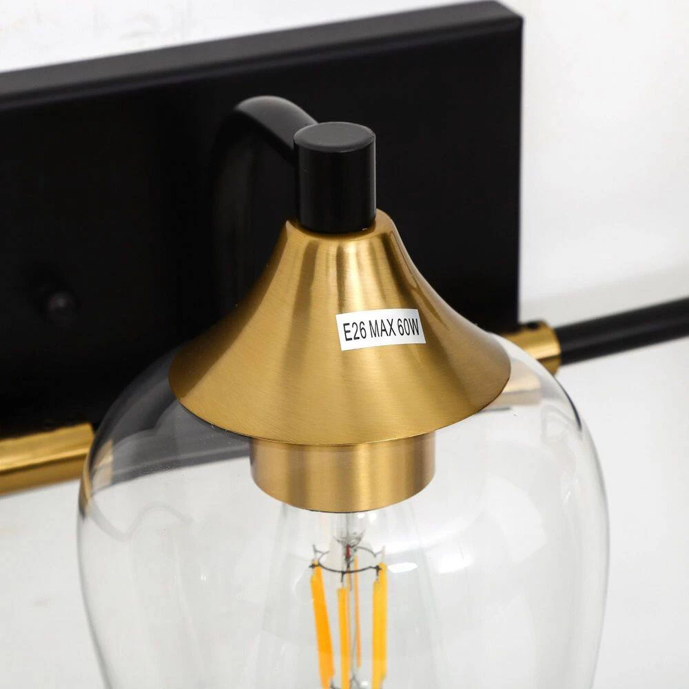 28.35 in. 3-Light Black Industrial Metal Bathroom Wall Sconce with Aged Brass Socket Cups and Clear Glass Shade(2-Pack) by YANSUN 6 28.35 in. 3-Light Black Industrial Metal Bathroom Wall Sconce with Aged Brass Socket Cups and Clear Glass Shade(2-Pack) by YANSUN - Image 4