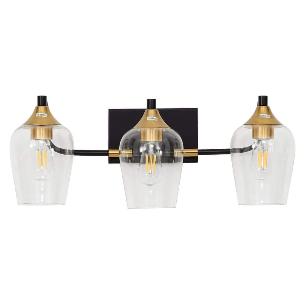 28.35 in. 3-Light Black Industrial Metal Bathroom Wall Sconce with Aged Brass Socket Cups and Clear Glass Shade(2-Pack) by YANSUN 3 28.35 in. 3-Light Black Industrial Metal Bathroom Wall Sconce with Aged Brass Socket Cups and Clear Glass Shade(2-Pack) by YANSUN