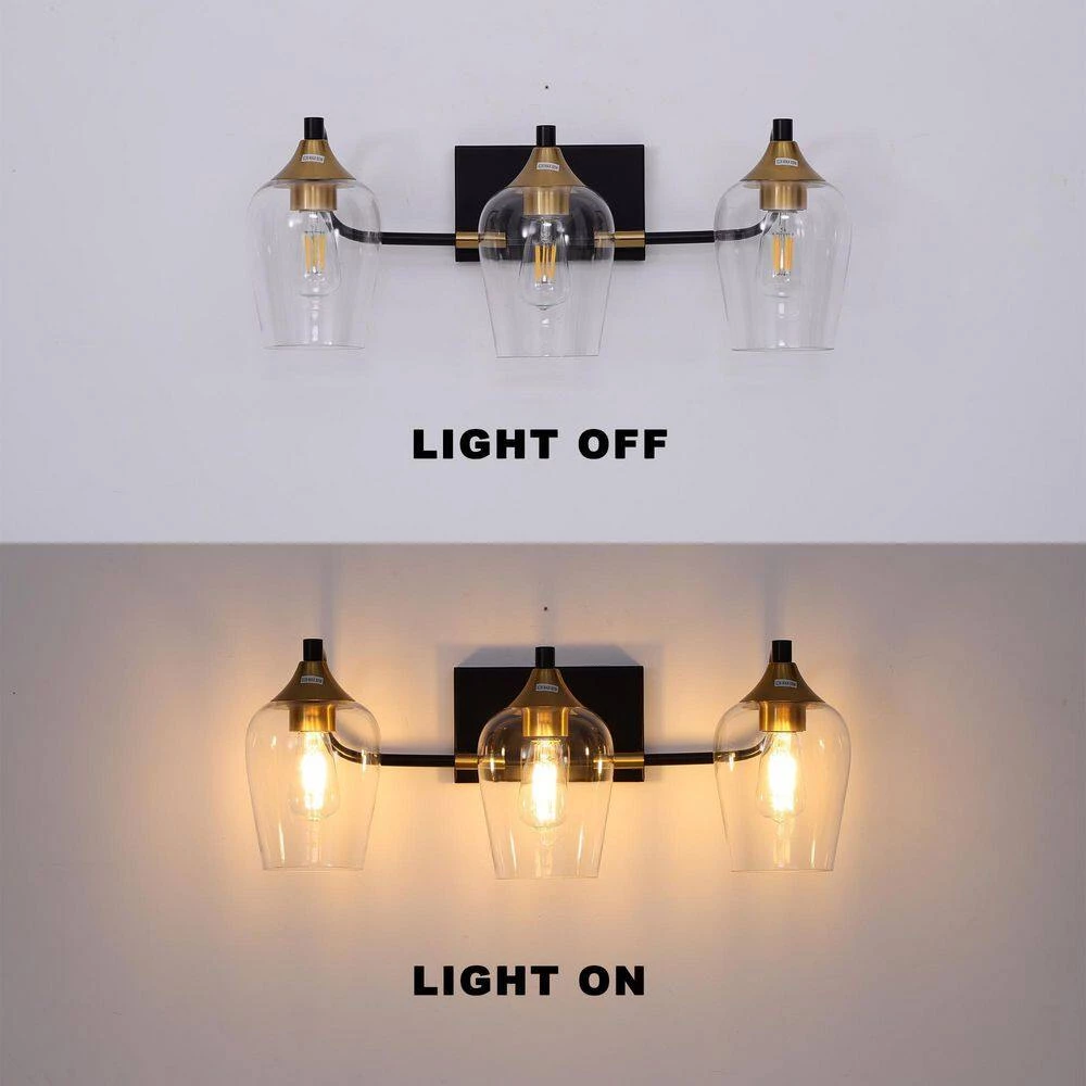 28.35 in. 3-Light Black Industrial Metal Bathroom Wall Sconce with Aged Brass Socket Cups and Clear Glass Shade(2-Pack) by YANSUN 10 28.35 in. 3-Light Black Industrial Metal Bathroom Wall Sconce with Aged Brass Socket Cups and Clear Glass Shade(2-Pack) by YANSUN - Image 8