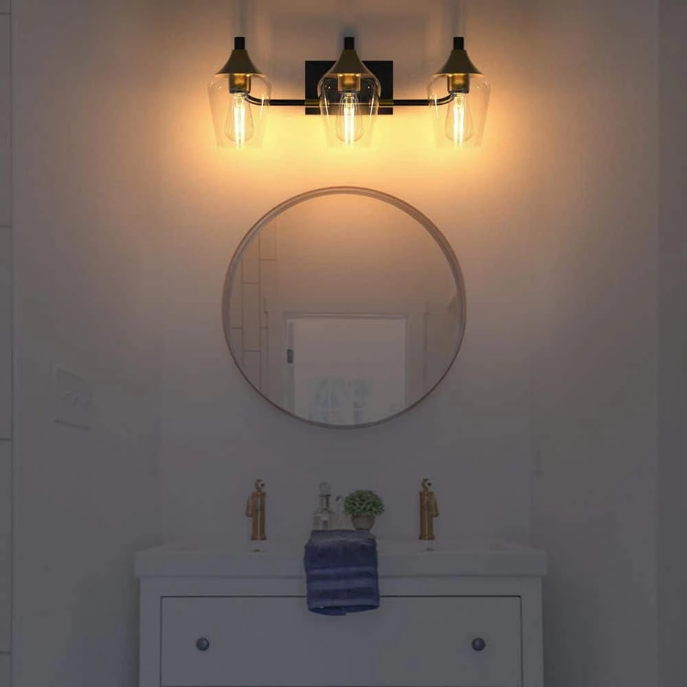 28.35 in. 3-Light Black Industrial Metal Bathroom Wall Sconce with Aged Brass Socket Cups and Clear Glass Shade(2-Pack) by YANSUN 4 28.35 in. 3-Light Black Industrial Metal Bathroom Wall Sconce with Aged Brass Socket Cups and Clear Glass Shade(2-Pack) by YANSUN - Image 2