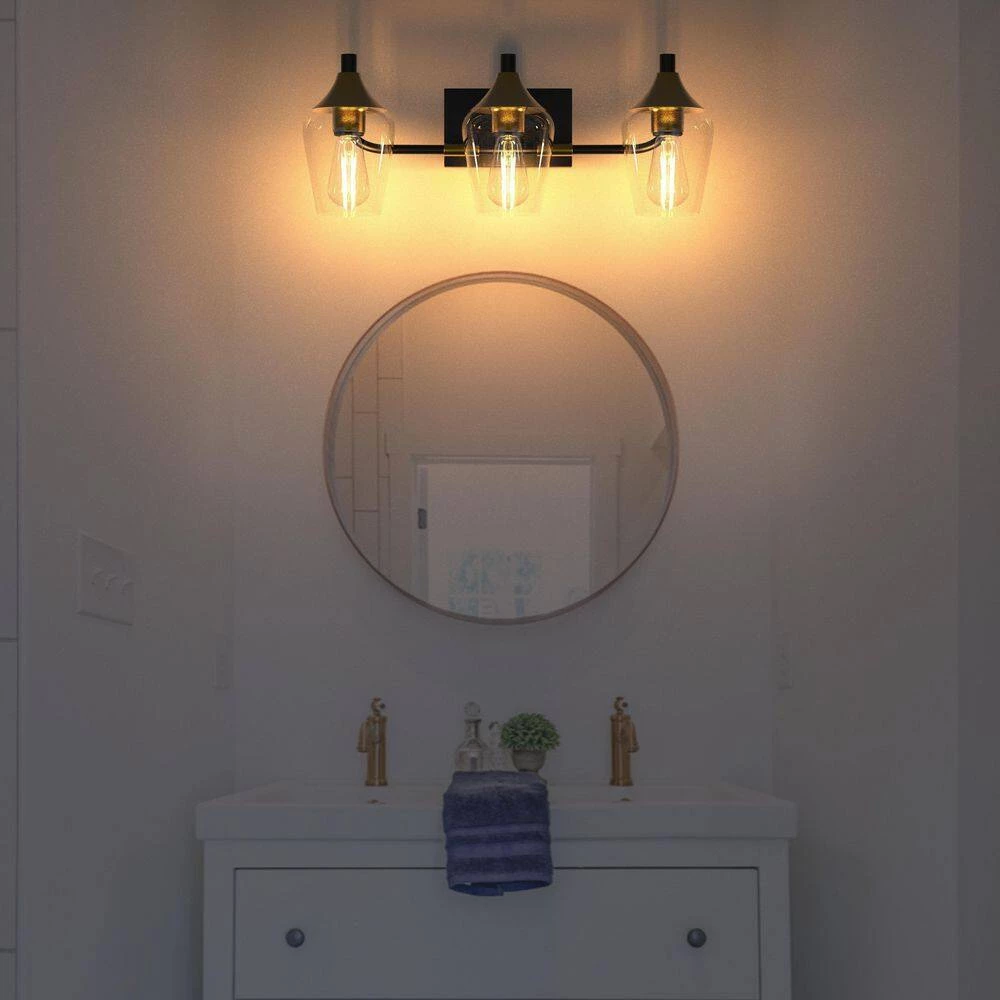 28.35 in. 3-Light Black Industrial Metal Bathroom Wall Sconce with Aged Brass Socket Cups and Clear Glass Shade(2-Pack) by YANSUN 9 28.35 in. 3-Light Black Industrial Metal Bathroom Wall Sconce with Aged Brass Socket Cups and Clear Glass Shade(2-Pack) by YANSUN - Image 7