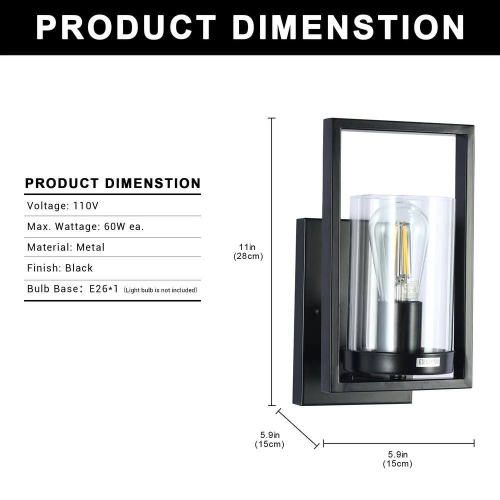 1-Light Modern Black Rectangle Wall Sconce with Clear Glass Shade by YANSUN 5 1-Light Modern Black Rectangle Wall Sconce with Clear Glass Shade by YANSUN - Image 3