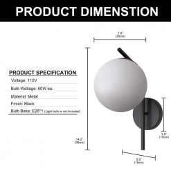7.87 in. 1-Light Black Modern Globe Wall Sconce with Frosted Glass Shade by YANSUN -YANSUN Shop black yansun wall sconces h wl070b c3 1000