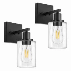 4 in. 1-Light Modern Black Indoor Wall Farmhouse Sconce with Clear Glass Shade (2-Pack) by YANSUN