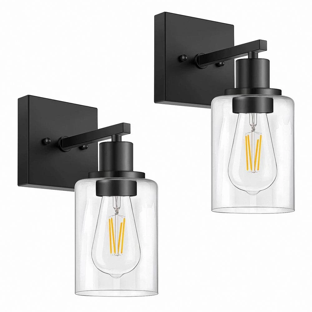 4 in. 1-Light Modern Black Indoor Wall Farmhouse Sconce with Clear Glass Shade (2-Pack) by YANSUN 3 4 in. 1-Light Modern Black Indoor Wall Farmhouse Sconce with Clear Glass Shade (2-Pack) by YANSUN