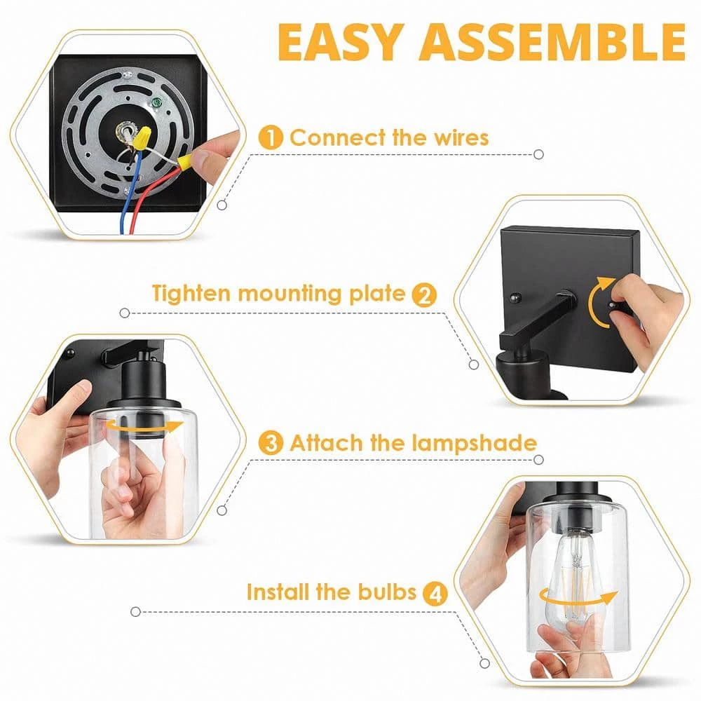 4 in. 1-Light Modern Black Indoor Wall Farmhouse Sconce with Clear Glass Shade (2-Pack) by YANSUN 10 4 in. 1-Light Modern Black Indoor Wall Farmhouse Sconce with Clear Glass Shade (2-Pack) by YANSUN - Image 8