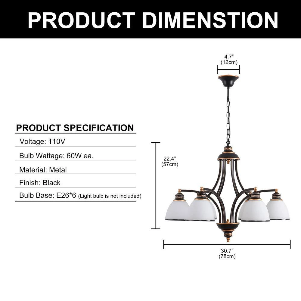 6-Light Oil Rubbed Bronze Chandelier with Frosted White Glass Shades by YANSUN 5 6-Light Oil Rubbed Bronze Chandelier with Frosted White Glass Shades by YANSUN - Image 3