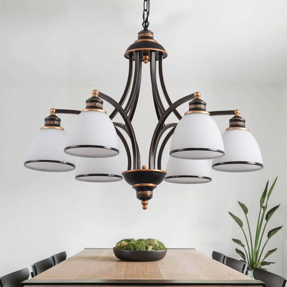 6-Light Oil Rubbed Bronze Chandelier with Frosted White Glass Shades by YANSUN 4 6-Light Oil Rubbed Bronze Chandelier with Frosted White Glass Shades by YANSUN - Image 2