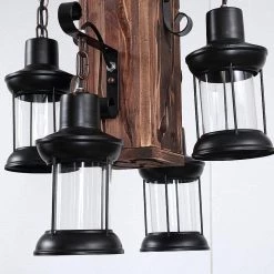 4-Light Industrial Rustic Farmhouse Wood Accents Pendant with Glass Shade by YANSUN 12 4-Light Industrial Rustic Farmhouse Wood Accents Pendant with Glass Shade by YANSUN -YANSUN Shop brown yansun chandeliers h dz083 4f 1000