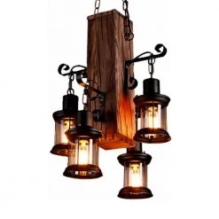 4-Light Industrial Rustic Farmhouse Wood Accents Pendant with Glass Shade by YANSUN
